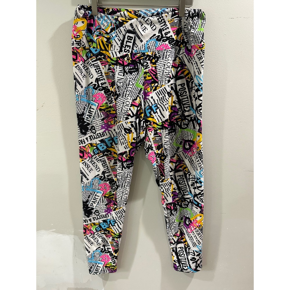 Feathers Graffiti Newspaper Print Leggings Plus Size 1X Neon Streetwear Multi